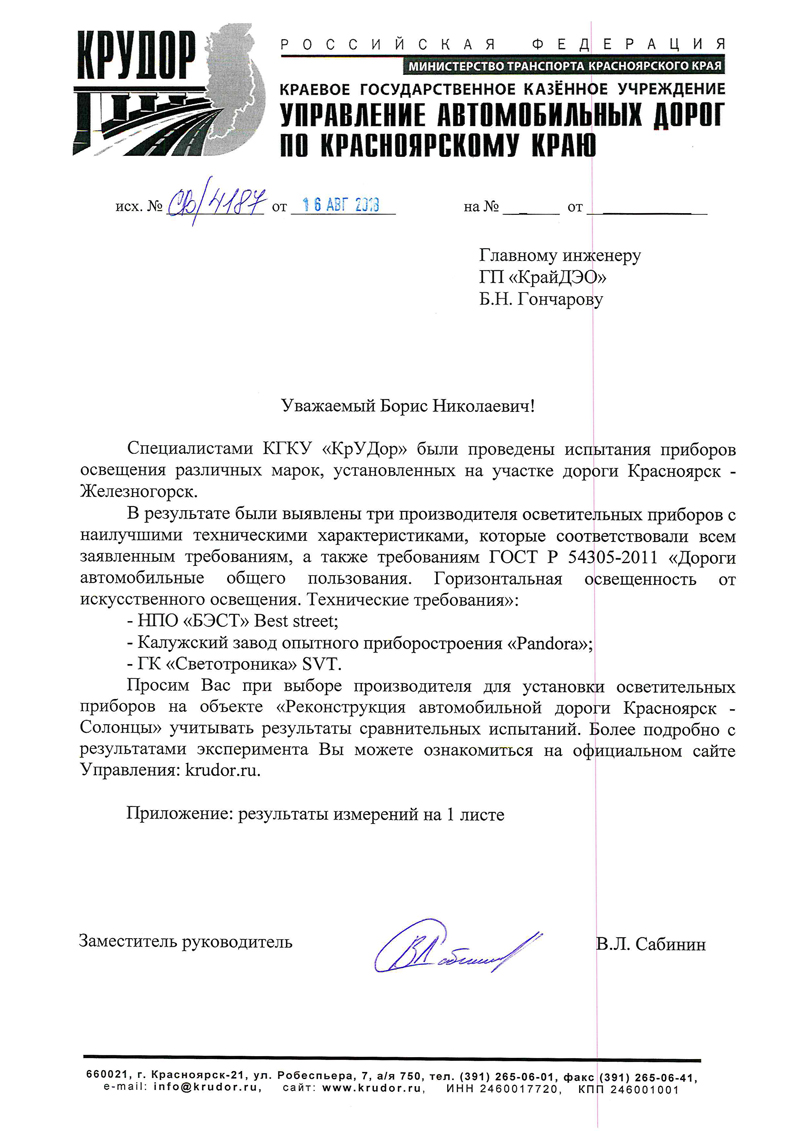 Результаты испытаний светильников различных марок, установленных на участке дороги Красноярск - Железногорск